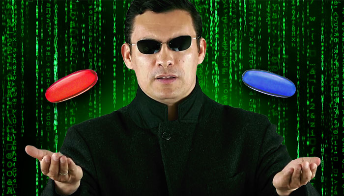 antonio centeno in matrix movie style with red and blue pills