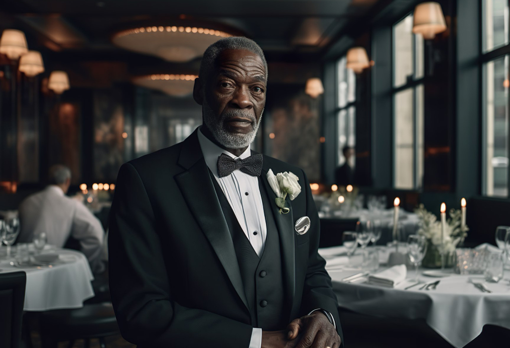 black man wearing tuxedo with bow tie and boutonniere in a restaurant