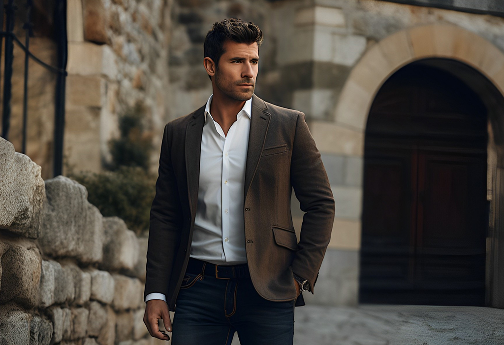 man styling suit jacket with jeans