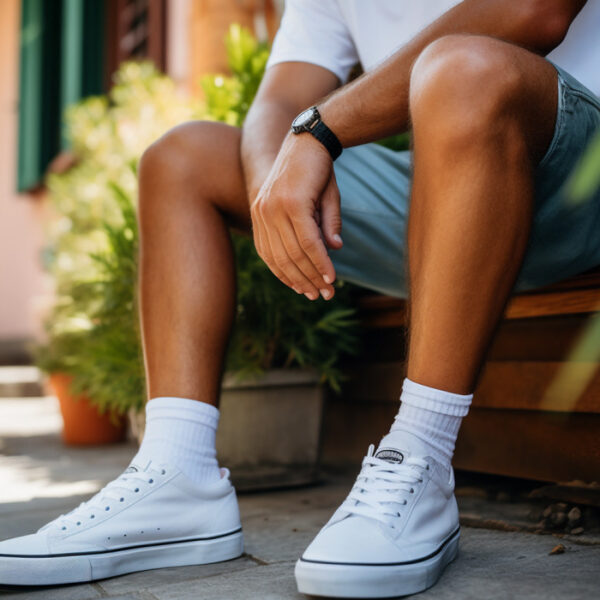 Man in jeans shorts and sneakers