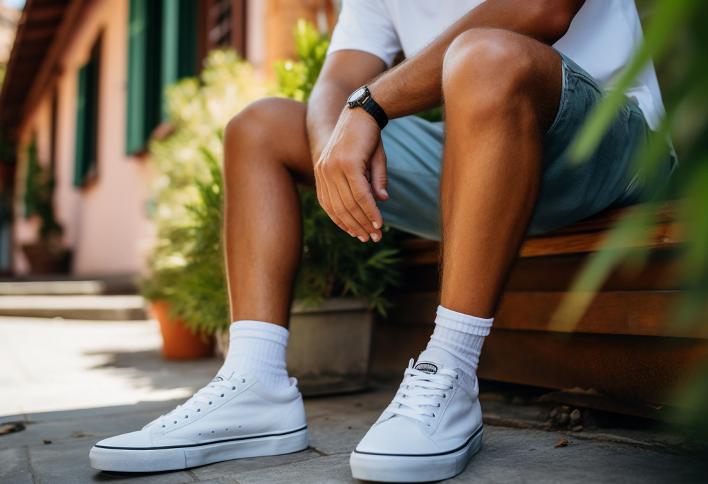 Man in jeans shorts and sneakers