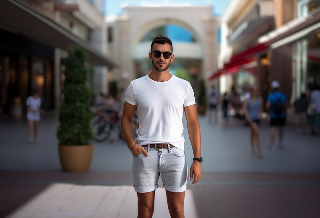 White t shirt and denim shorts