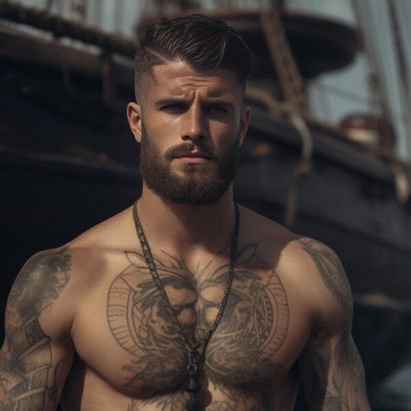 sexy man with chest tattoo on a pirate ship background
