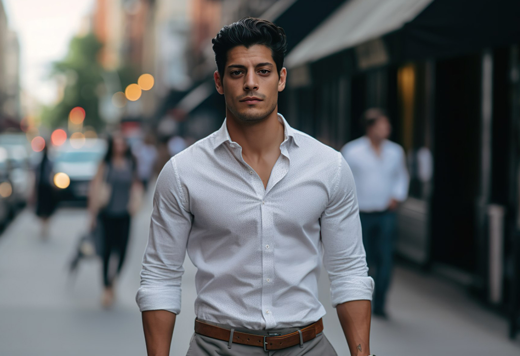 guy with master rolled shirt sleeves walks the street