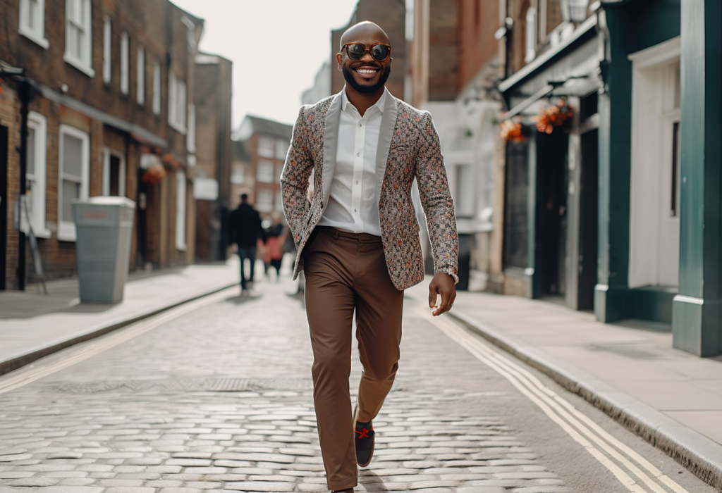cheerful man walking down the street in well fitted chinos