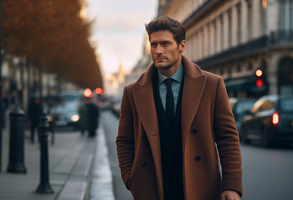 man dressed in luxury overcoat walking the street