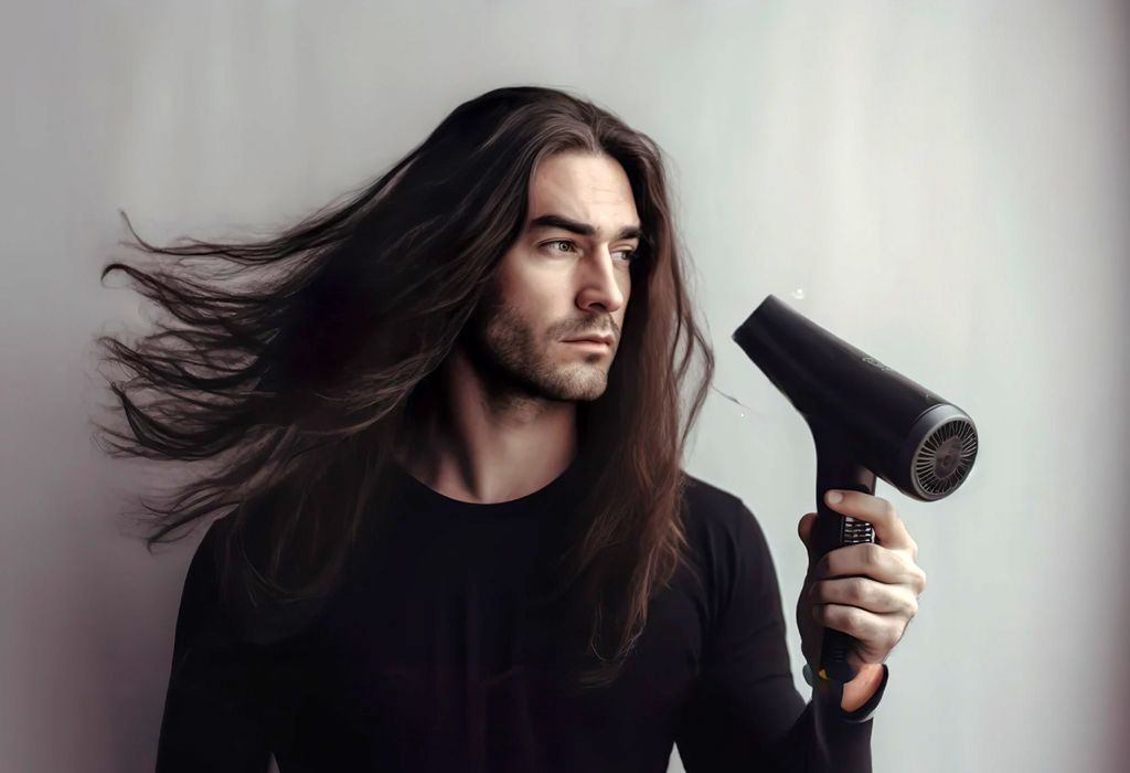 man blow drying his long hair