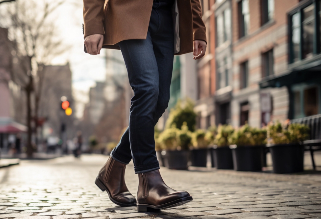 man walking in dark denim jeans and chelsea boots